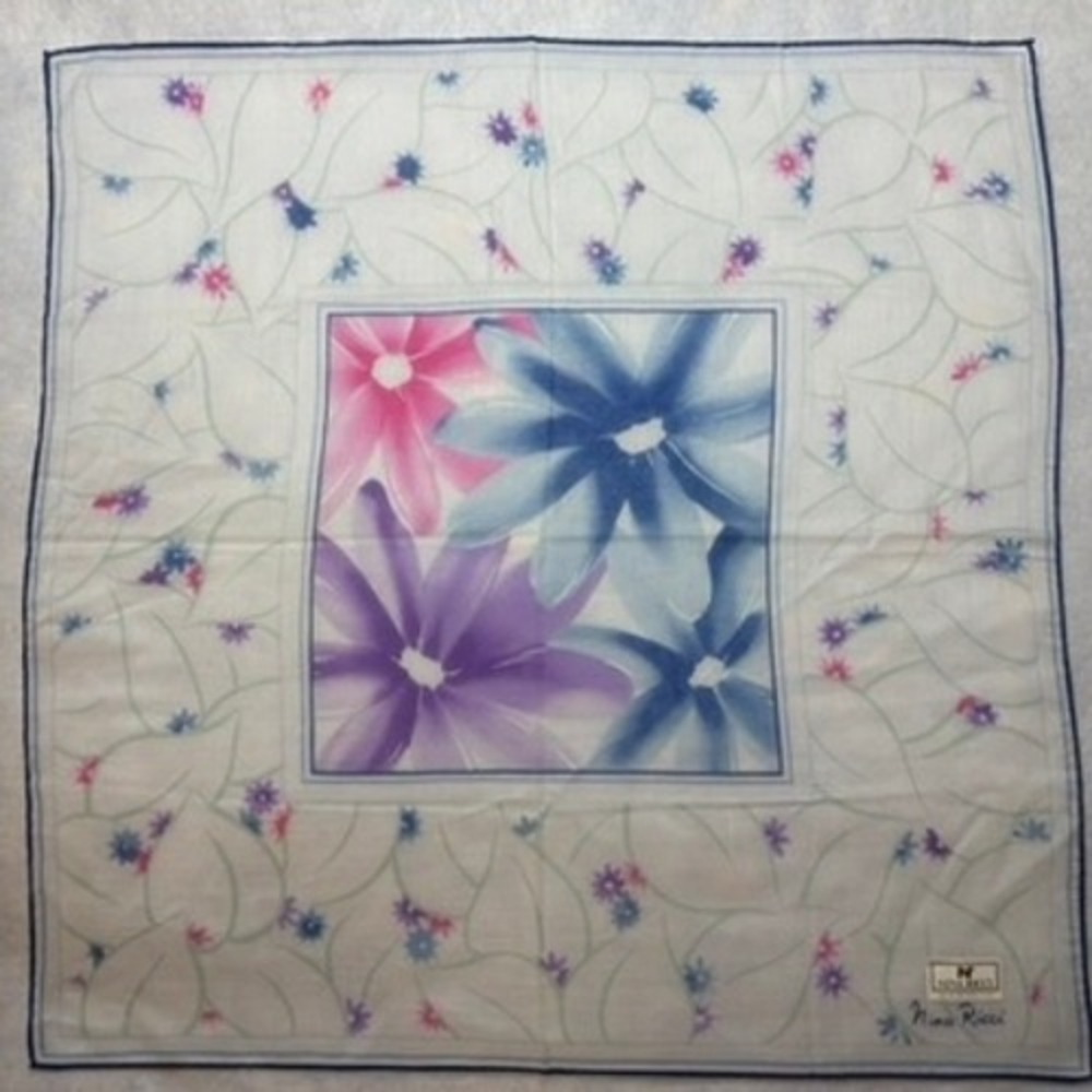 Vtg NINA RICCI Scarf Handkerchief Floral Cotton Blend White Blue 17"